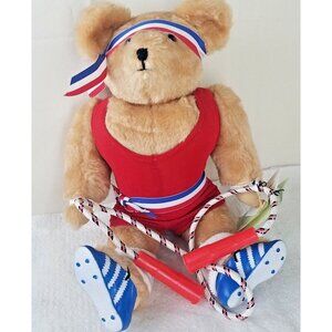 Athlete bear jump rope 16" Plush Dolly Aumiller Jane 1985 honey hill red white